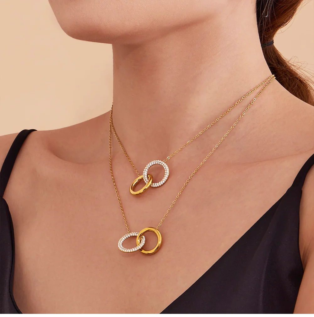 Goldene Silber glänzende Zirkon Doppelring Anhänger Halskette Damen Edelstahl vergoldet Kette Armband Luxus Schmuckset – Detail 8