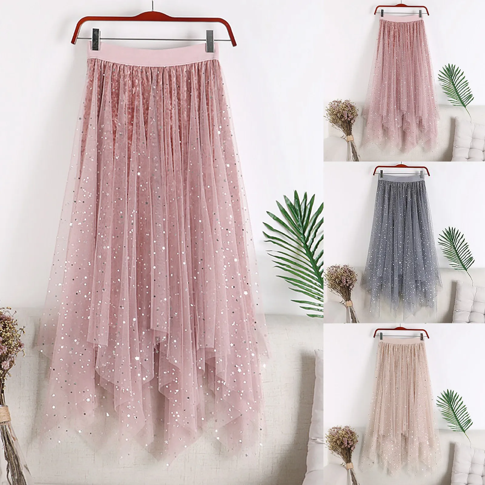 

Женская юбка-пачка с блестками, длинная фатиновая юбка с высокой эластичной талией и асимметричным подолом, лето 2024