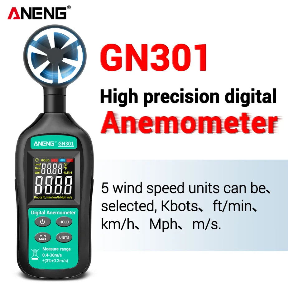 

ANENG GN301 Digital Anemometer 0-30m/s Wind Speed Meter -10 ~ 45C Temperature Tester Anemometro with LCD Backlight Display