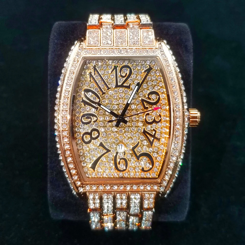 Silber Eis Uhr für Männer Luxus Marke Tonneau Diamant Quarz Armbanduhr Klassisches Design Auto Datum Relogio Masculino Übergroßen – Detail 13