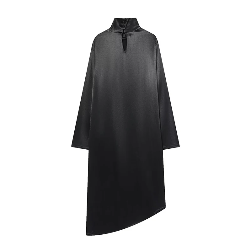 Asymmetry Black Satin Elegant Long Blouse Woman 2025 Women's Irregular Loose Stand Neck Long Sleeve Shirts And Blouses Top ﻿