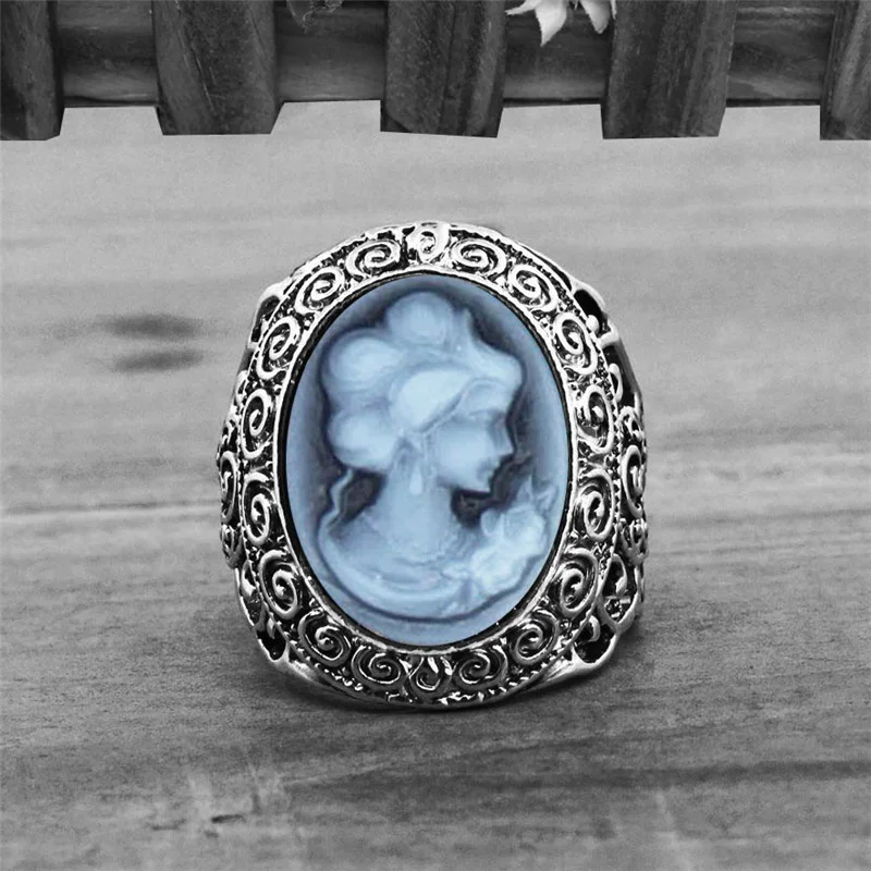 Finger Ring Vintage Oval Lady Cameo Antique Silver Plated Flower Plant For Women