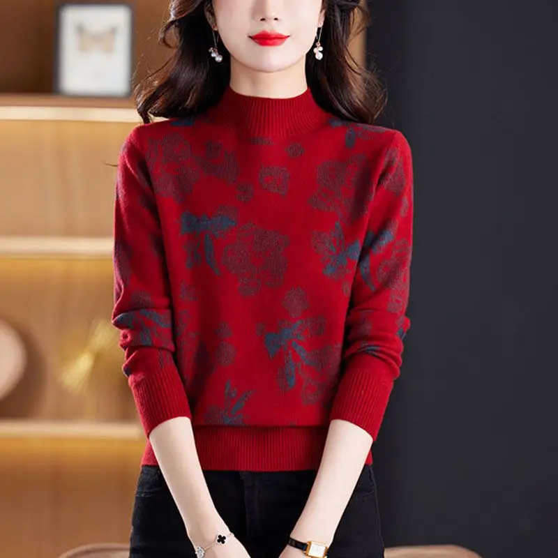 

Autumn and Winter Women's Half High Collar Long Sleeve Jacquard Slim Sweaters Jumpers All-match Fashion Casual Office Lady Tops