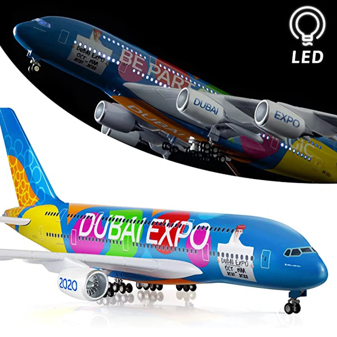 1:160 Scale Large Model Airplane Airbus 380 Plane Emirates Airplanes with LED Light for Collection Gift Office Desktop Decorati