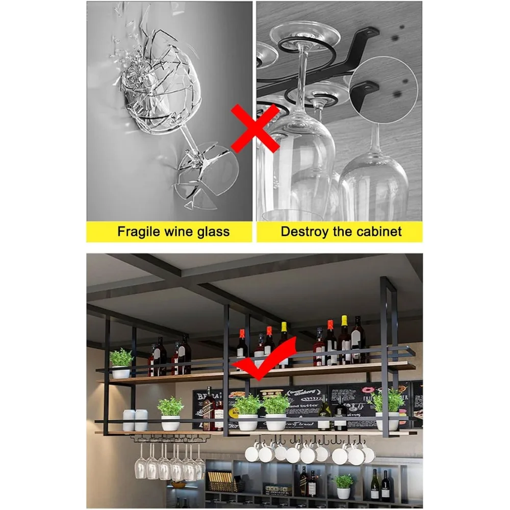 Ceiling Wine Glass Rack - 55.1in Hanging Wine Rack with Glass Holder and Shelf, 2 Layer Industrial Hanging Wine Bottle Holder 5