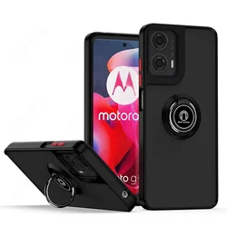 Matte Half Clear Magnetic Ring Stand Armor Case with Holder - Moto G24 (Black Red)