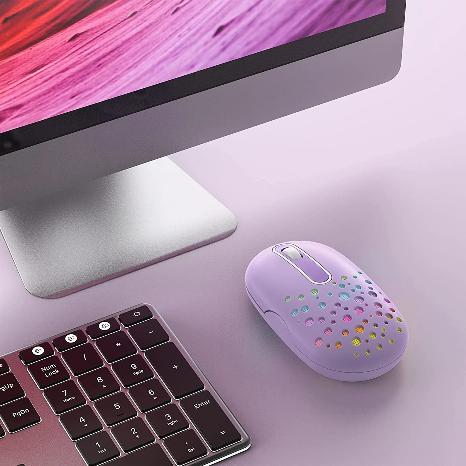 Wireless Mouse Bluetooth Rechargeable RGB Hole Mouse 15 LED Modes Silent Click 2400 DPI Ergonomic Design Portable for Laptop PC