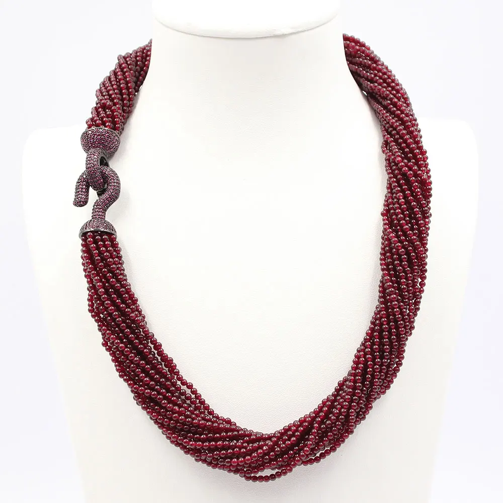 20 Strands Natural Smooth Round Garnet Beads Necklace Gunmetal Color Plated Purple CZ Pave Clasp 19inch For Women
