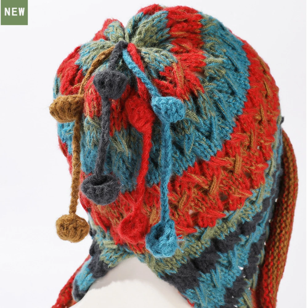 HT4249 Mode Gestrickte Hut Frauen Herbst Winter Skullies Mützen Damen Bunte Earflap Kappe Weibliche Handgemachte Quasten Beanie Hut – Detail 2