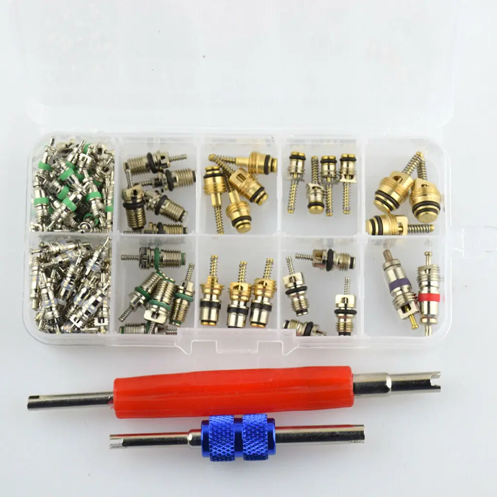 102Pcs Car Air Conditioner Valve Cores Assortment A/C AC Shrader Valve Core & Tool R134 R12 HVAC Valves Kit Auto Accessories