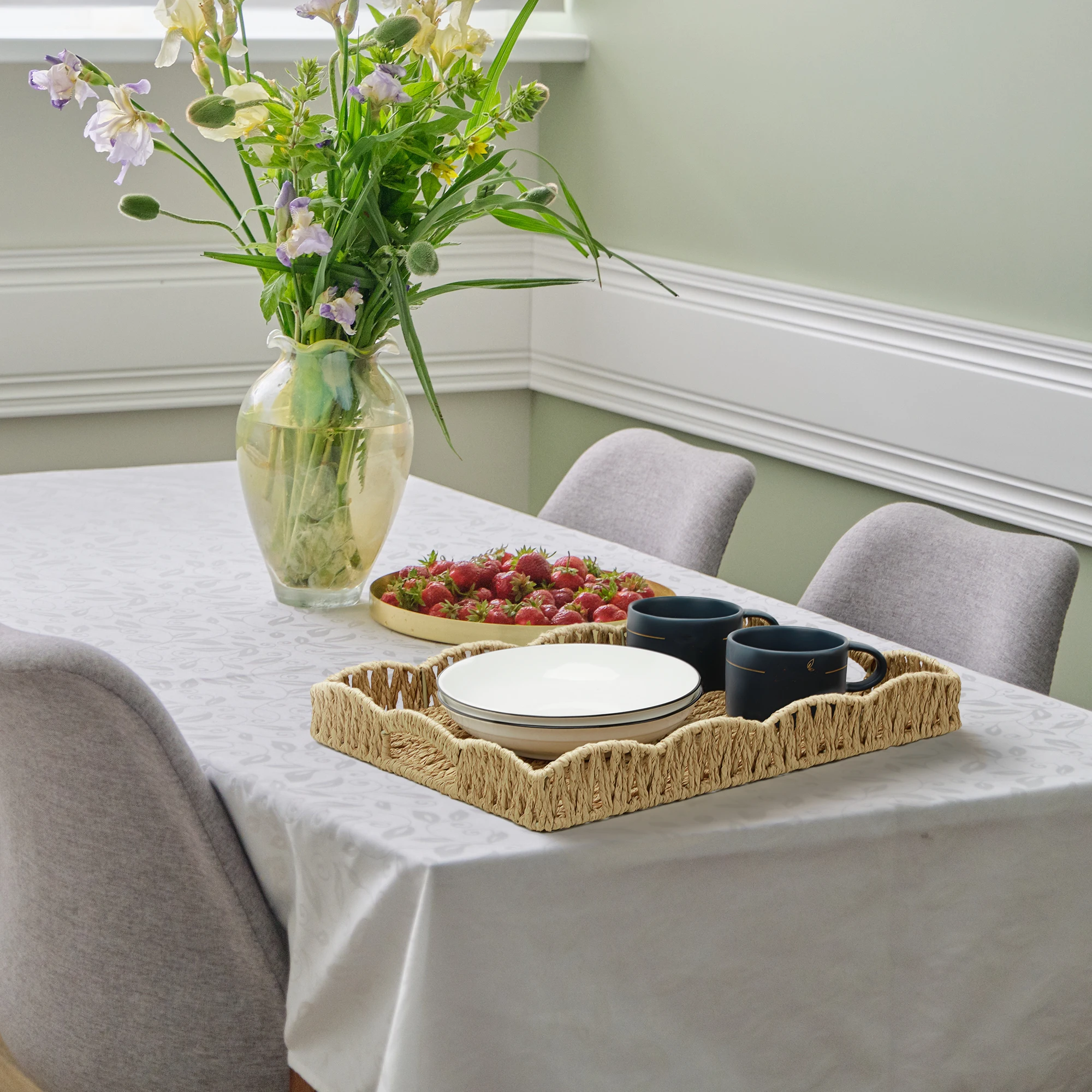 Scalloped Paper Rope Woven Storage organizer Basket Woven Rattan Baskets with Handle Tray Shelf Decorative Fruit Storage Baskets