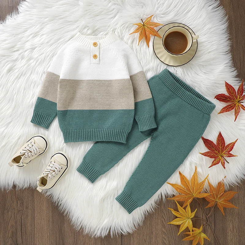 

Autumn Baby Clothes Sets Knitted Infant Gril Boy Sweater Long Sleeve +Pants Fashion Striped Children Pullover +Trousers Warm 2PC