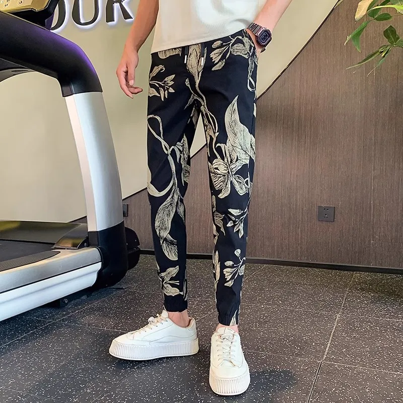 

Summer Thin Elasticity Men Casual Pants Vintage Flower Print Beach Hawaiian Trousers for Mens Korean Fashion Street Sweatpants