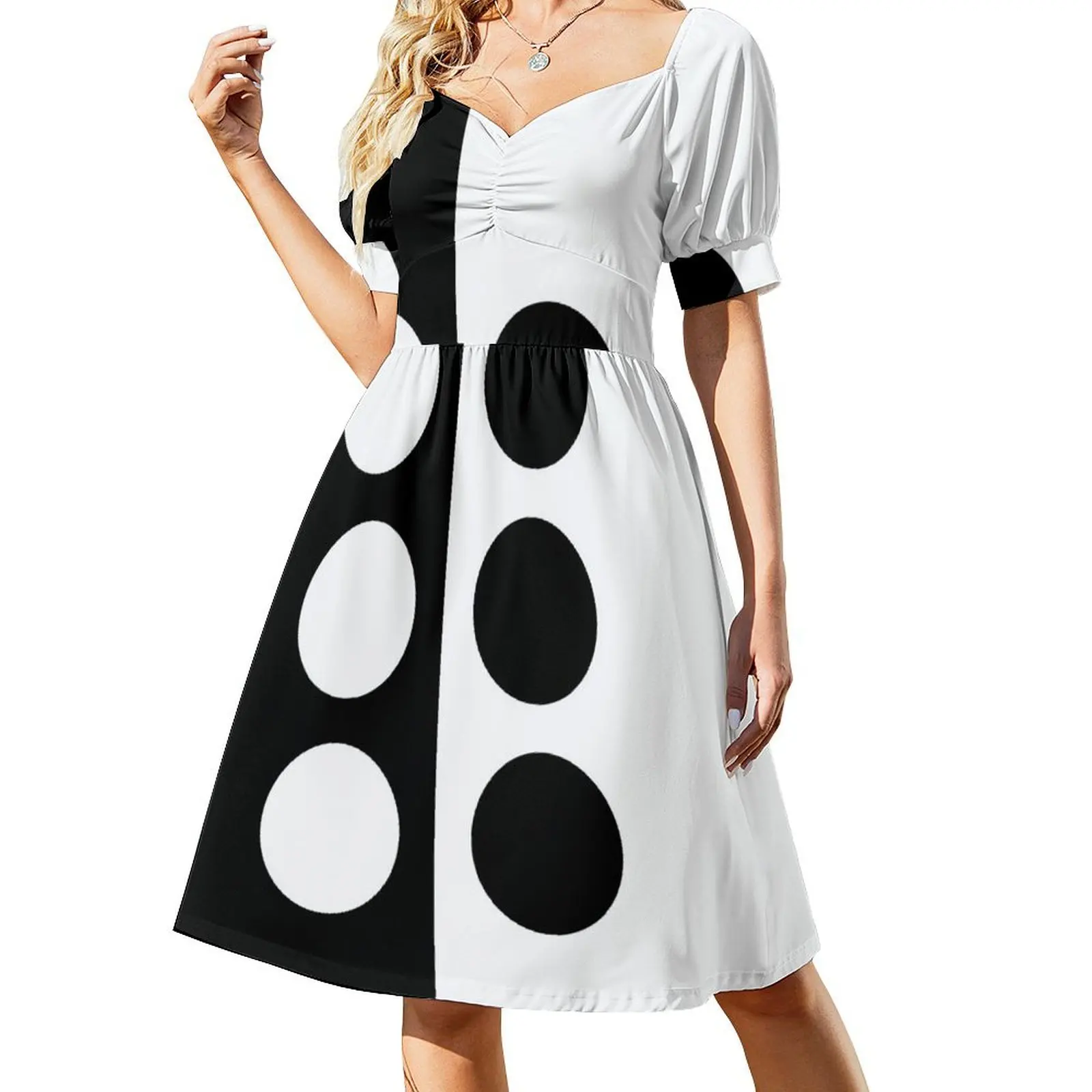 thumbnail image 1 of Vestido de verano de manga corta con diseño moderno en blanco y negro y círculos descentrados para mujer, vestido de fiesta, vestido de noche para mujer., 1 of 7