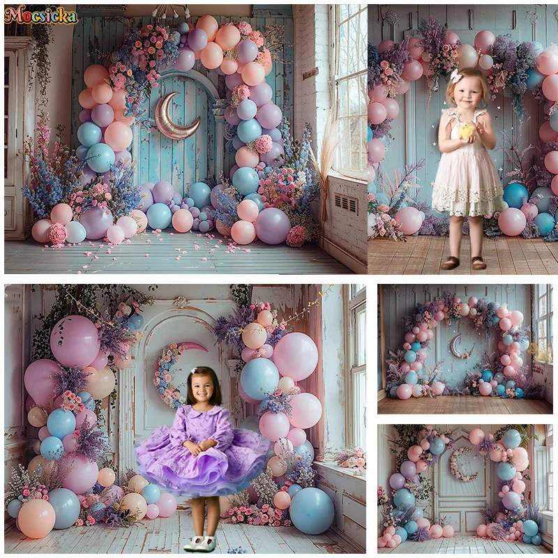 

Mocsicka фон для фотосъемки День рождения воздушные шары Луна деревянная дверь фон дети портрет торт разбивать студию