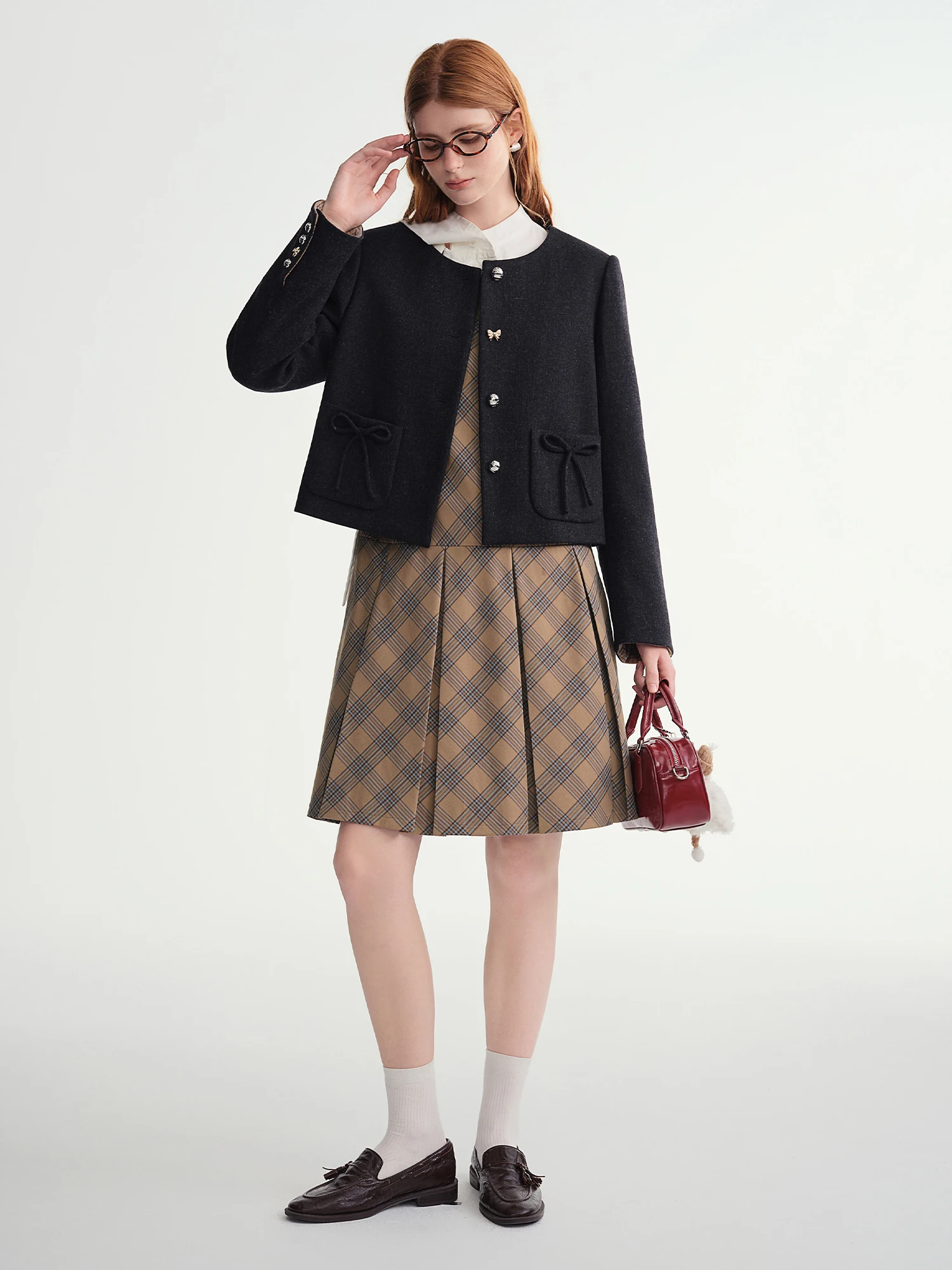 DUSHU Women's Black Wool Short Blazer With Bow Detail Structured Shoulder Slimming Cropped Jacket Top Elegant Boutique Style