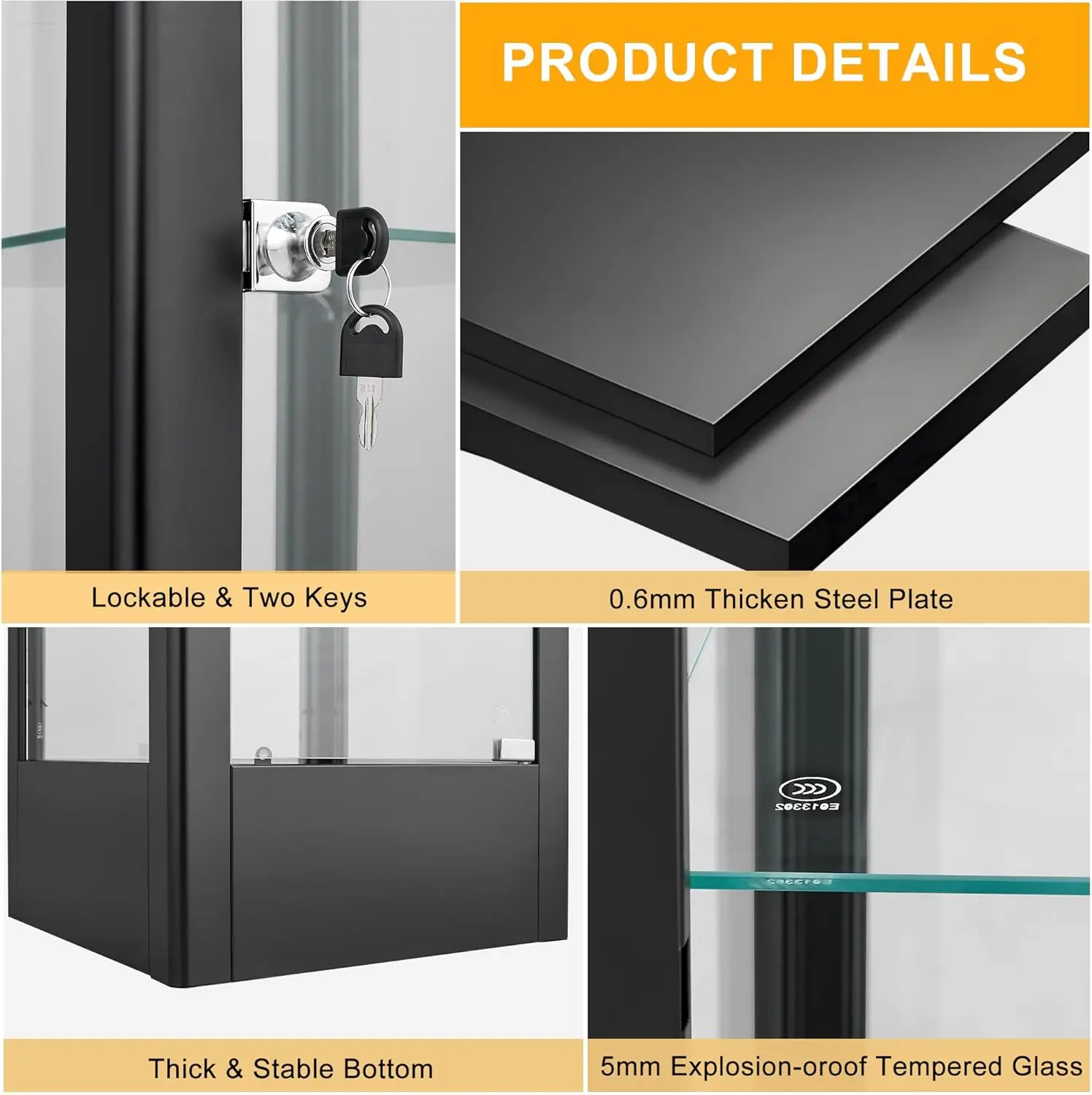 4-Tier Glass Display Cabinet Case with 13 Colors Light & Lock,63 Curio Cabinet with Glass Door&Adjustable Shelves,Thickened 5MM