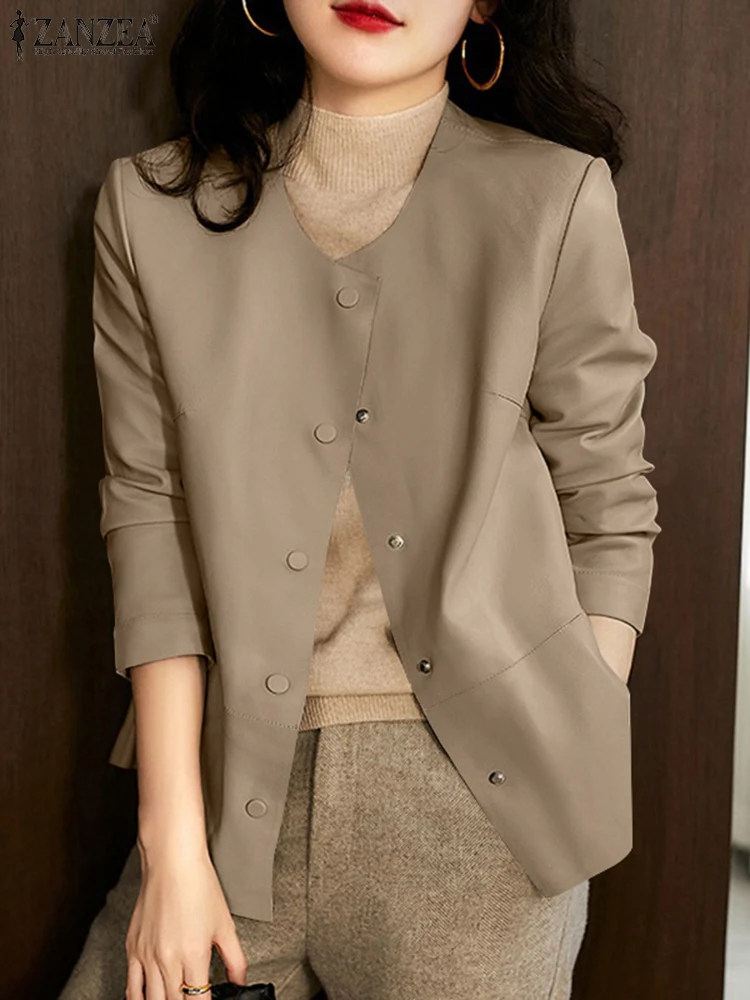 

ZANZEA Korean Fashion Long Sleeve Blazer Woman O-Neck Jackets Vintage OL Work Coats Autumn Elegant Solid Outwear 2023 Oversized