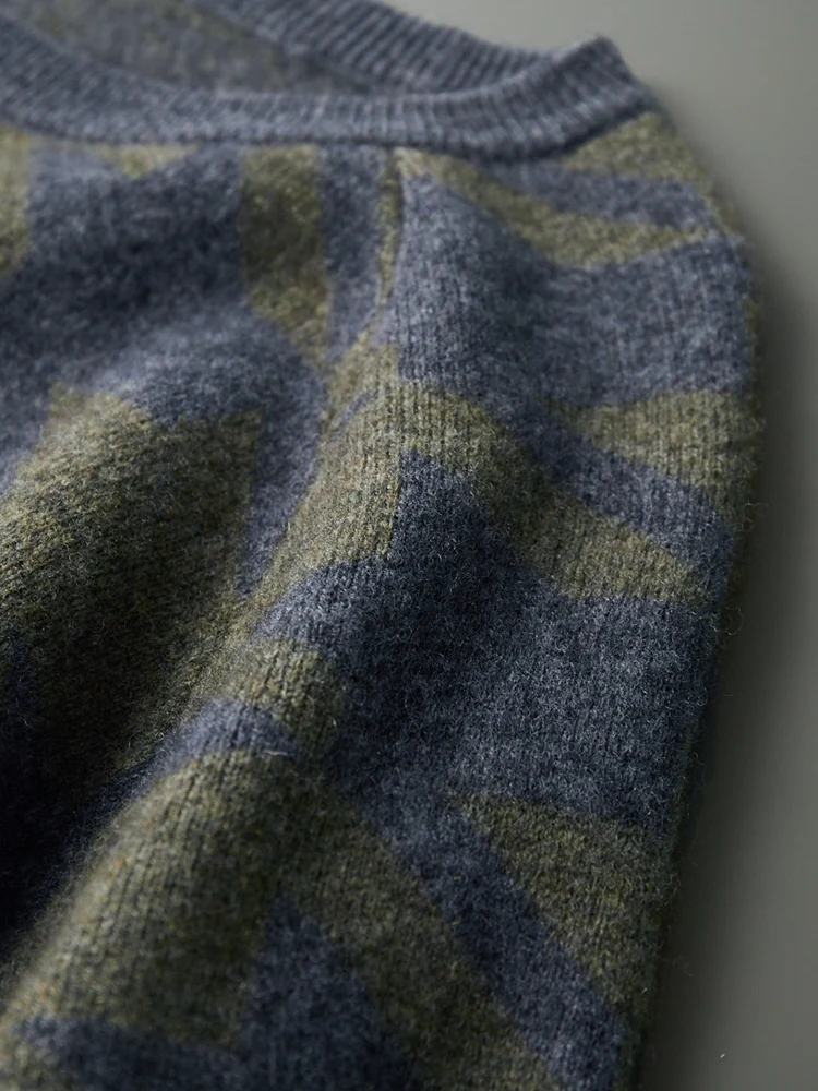 New Men O-neck Cashmere Sweater Long Sleeve 100% Merino Wool Pullover Autumn Winter Soft Warm Houndstooth Knitwear Casual Jumper 4