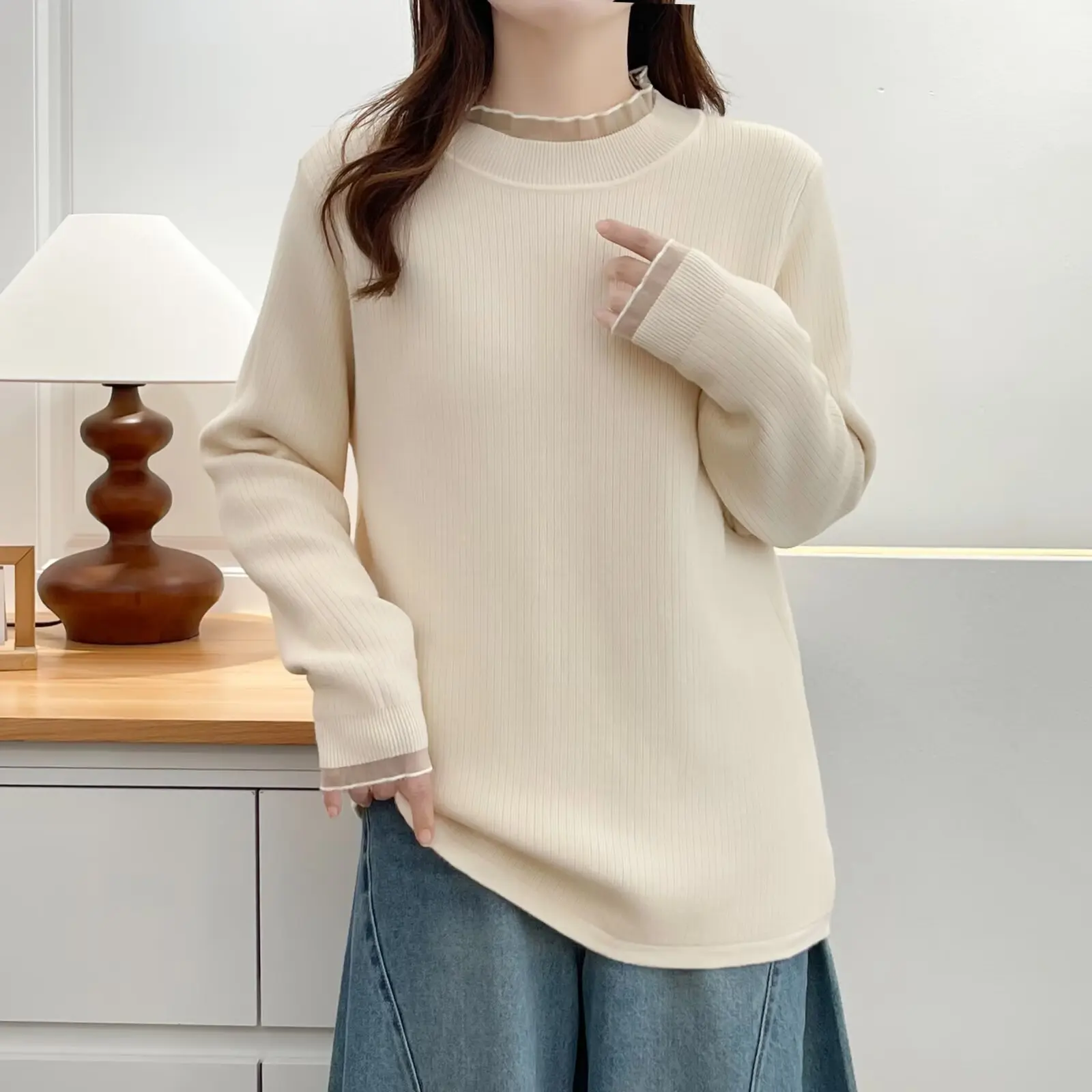 XXXXL Fashion Plus Size Women's Sweaters New Autumn And Winter Style Lace Collar Knitted Fleece Warm Base Jumpers 2329