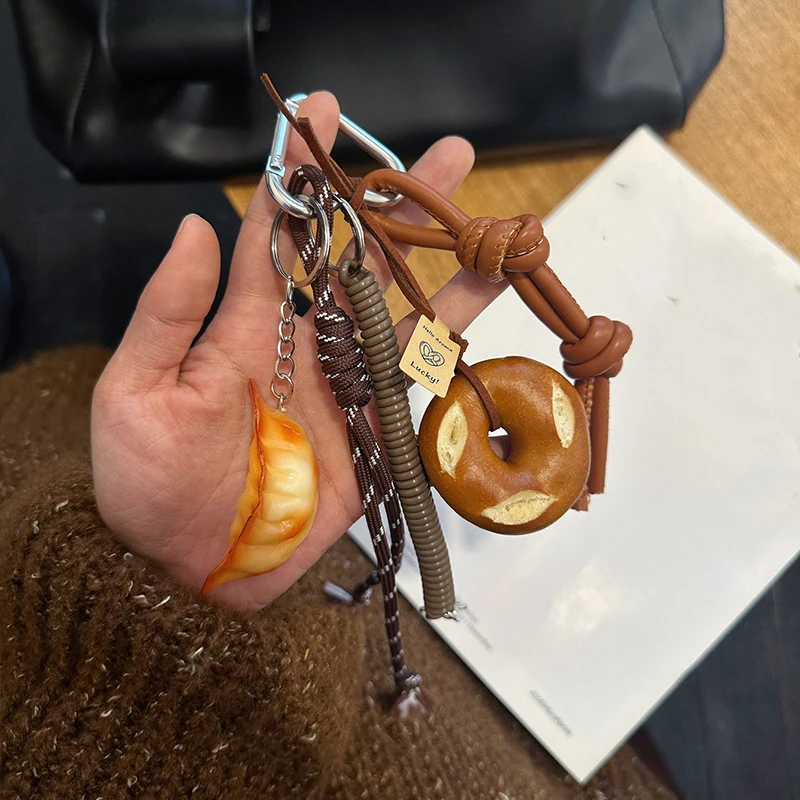 Alkali Water Bread Bagel Keychain Cute Smiling Face Bread Woven Rope Pendant Bag Key Car Accessory Handmade Trendy Keyring Gift