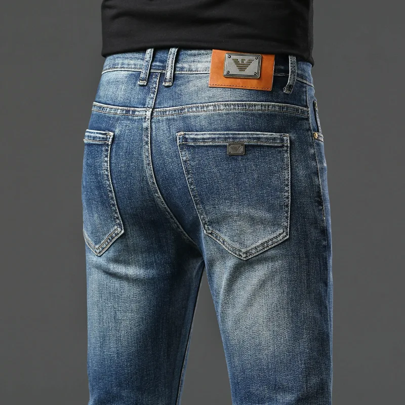 2023 Autumn and Winter Thick Jeans Men's Elastic Slim Small Straight European Version Trendy Brand High-end Youth Versatile Pant