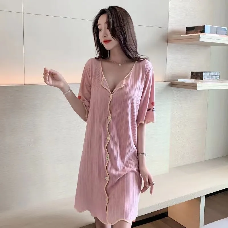 summer nightdress female Sexy pajamas thin Short sleeve MIDI style Pure cotton Button skirt Emotional appeal Home clothes