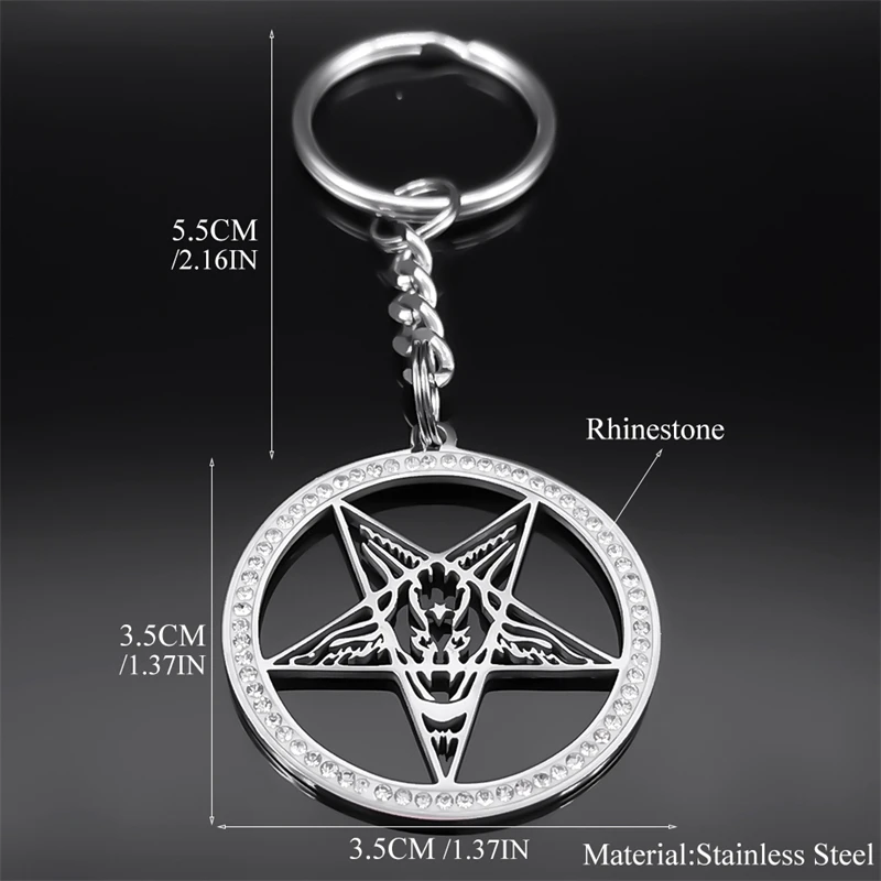 Pagan Inverted Pentagram Ziege Schlüsselanhänger Edelstahl Strass Gothic Baphomet Schlüsselanhänger Autozubehör Schmuck Geschenk K150S03 – Detail 1