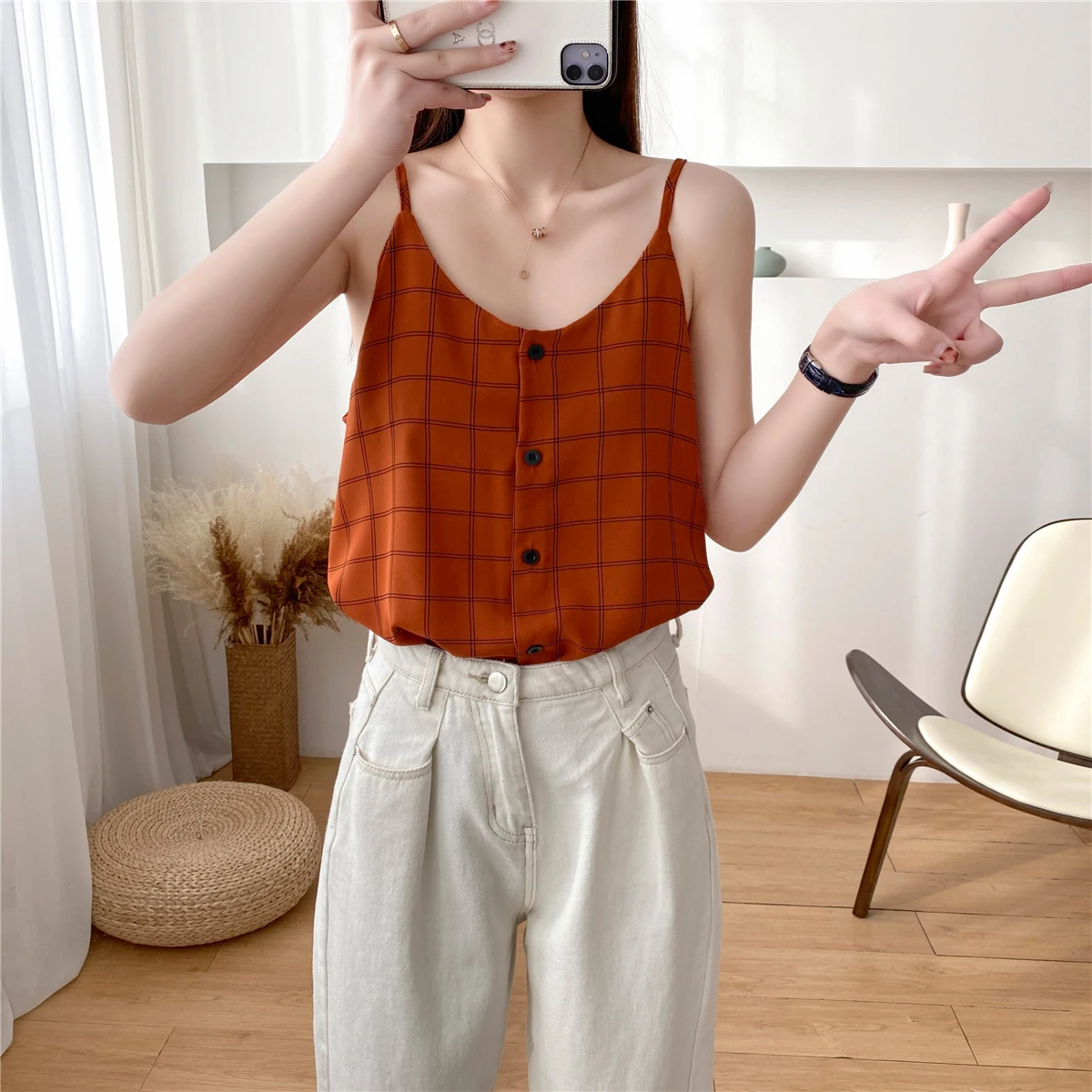 Women's Vest Top Chiffon Plaid Camisole Loose Sleeveless Vest Women's Tank Top lace camisole