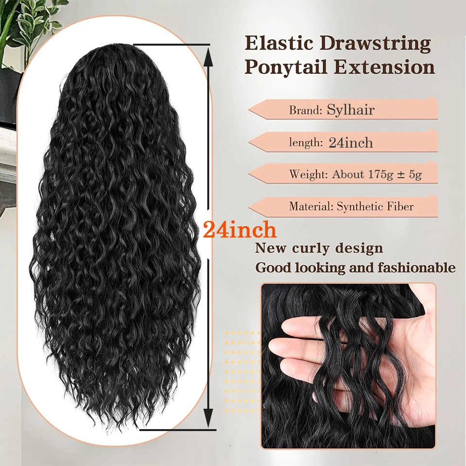 Sylhair Drawstring Ponytail Extension for Black Women 24 Inch Synthetic Long Curly Pony Tails for Daily Use Fluffy Hairpiece 2