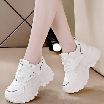 Women's Comfortable Chunky Dad Shoes Mesh Breathable Hidden Height Increasing Platform Sneakers Casual Lace-Up Sport White Shoes 1
