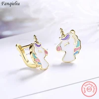 Gold Color 925 Sterling Silver Cute Unicorn Hoop Earrings For Women Vintage Jewelry New FQL20509