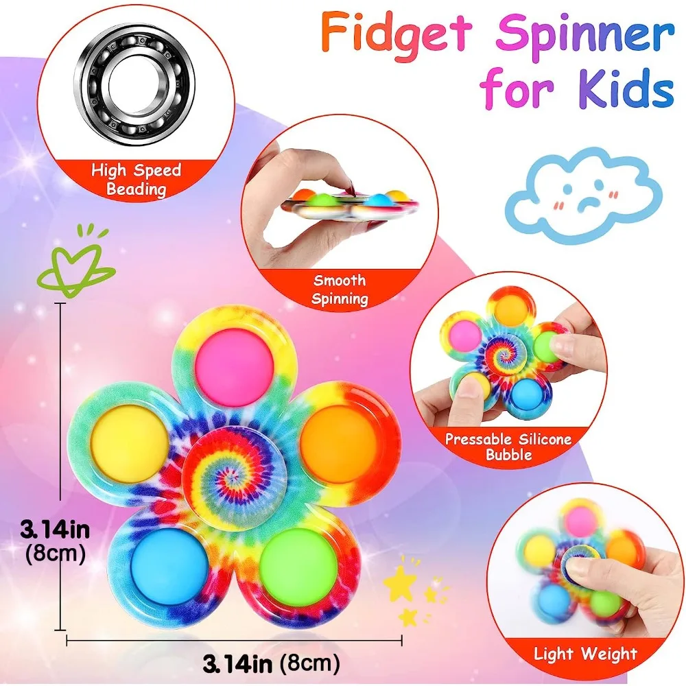 Tie Dye Simple Fidget Spinner Pop Finger Toys Push Bubble Hand Spinner for ADHD Anxiety Stress Relief Sensory Gifts for Kids 4