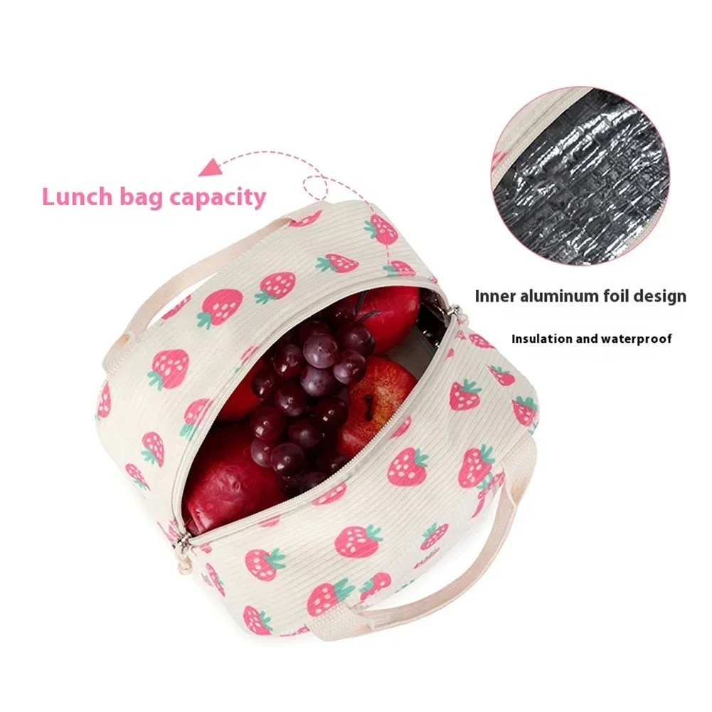 3pcs Corduroy College Backpack with Lunch Bag Pencil Case Cute Girl School Strawberry Print Bookbag Daypack Set for Teens Women