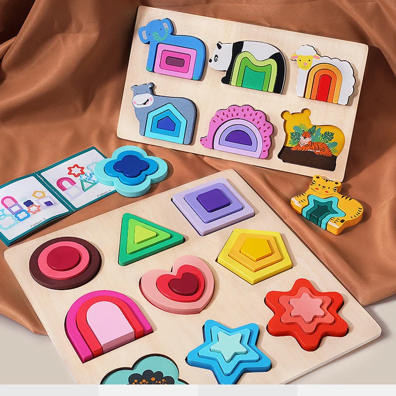 

Montessori Wooden Puzzle for Kids Toys Colorful Block Animals Puzzle 3D Shape Matching Games Board Educational Toys for Children
