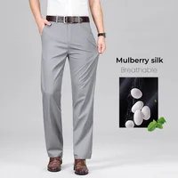 Mulberry Silk Pants Men's Summer Thin Breathable Business Casual Loose Trousers Straight Non-iron Solid Color Plus Size 3colors