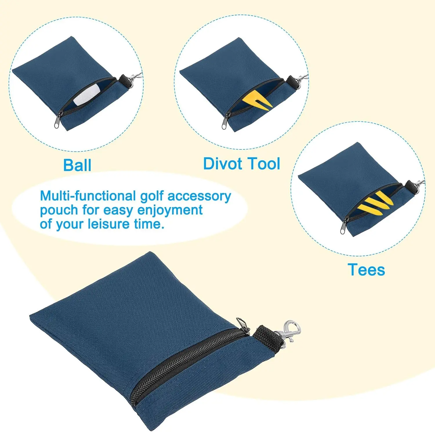 Golf Tee Pouch, Zipper Golf Ball Bag with Metal Lobster Claw Clip