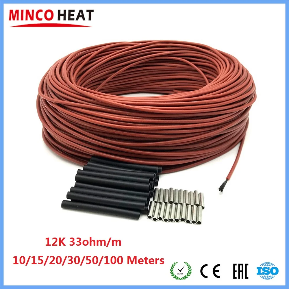 MINCO ความร้อน 5 ถึง 100 เมตรอินฟราเรดอุ่นชั้นสาย 12K 33ohm/m ไฟฟ้าคาร์บอนสายไฟความร้อน 1