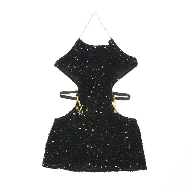 Summer Dress Women Sexy Shine Sequin Sleeveless Waist Cutout Metal Chain Halter Neck Dress 2000s Club Party Dresses