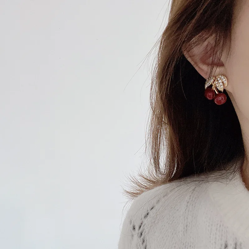 Cherry Flash Diamonds 925 Silver Needle Vintage Brass Gold-plated Earrings