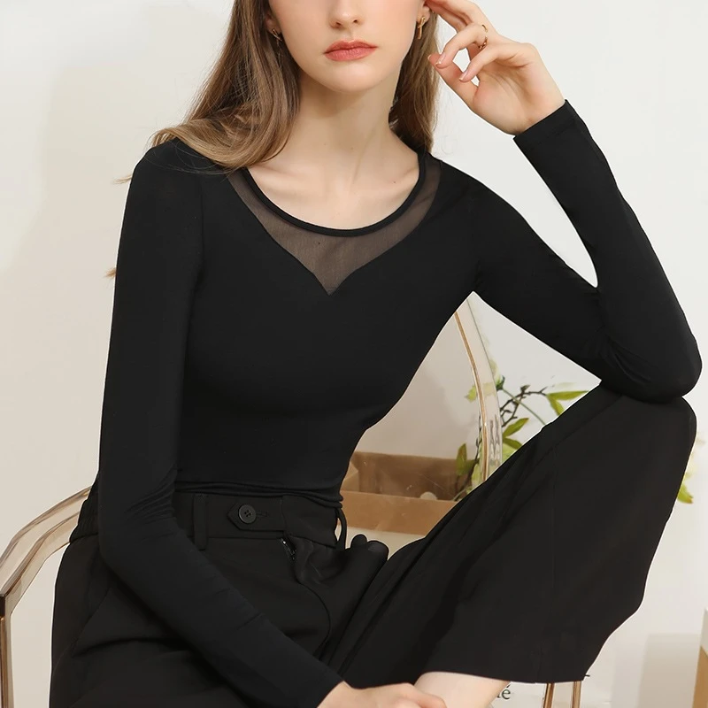 

Long Sleeve Bottoming Shirt Women's Inner Wear Autumn Black round Neck Mesh Stitching Design Sense Women's Shirt Fashion