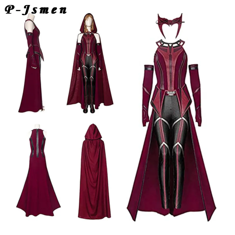 

P-Jsmen Female Wanda Maximoff Cosplay Costume Scarlet Witch Headwear Cloak and Pants Full Set Outfit Halloween Accessories Props