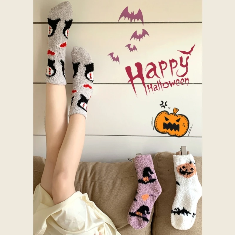 Cozy Coral Fleece Women's Socks With Cute Pumpkin Ghostly Witch Hat Pattern For Halloween Indoor Fuzzy Slipper Socks