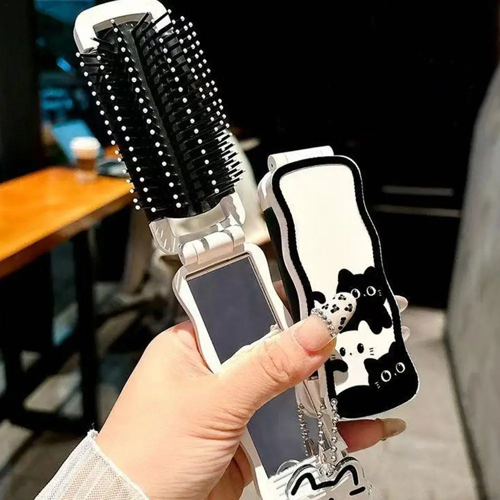 여성용 2 in 1 접이식 헤어 브러시와 메이크업 거울 미니 접이식 마사지 빗 헤..