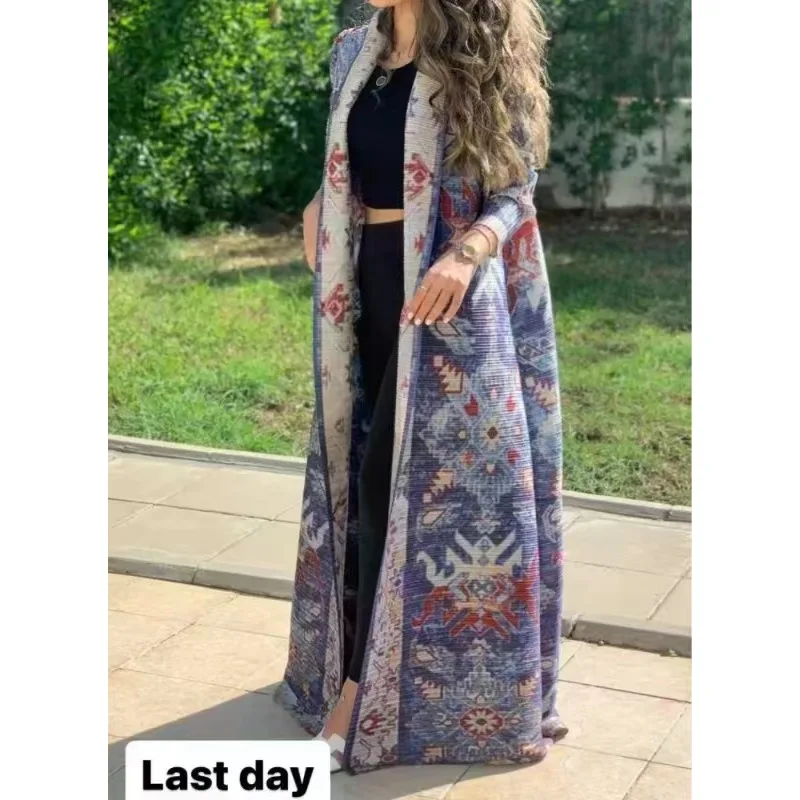 

Miyake Pleated Collar Retro Long Sleeved Printed Dress for Women's 2024 New Original Designer Abaya Fashion Classic Robe