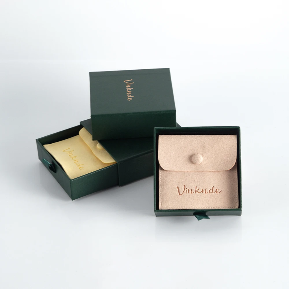 Small 8x8cm Microfiber Suede Gift Bag Snap Button Pouch 9x9x3.2cm Green Paper Drawer Box Earrings Jewelry Packaging Case