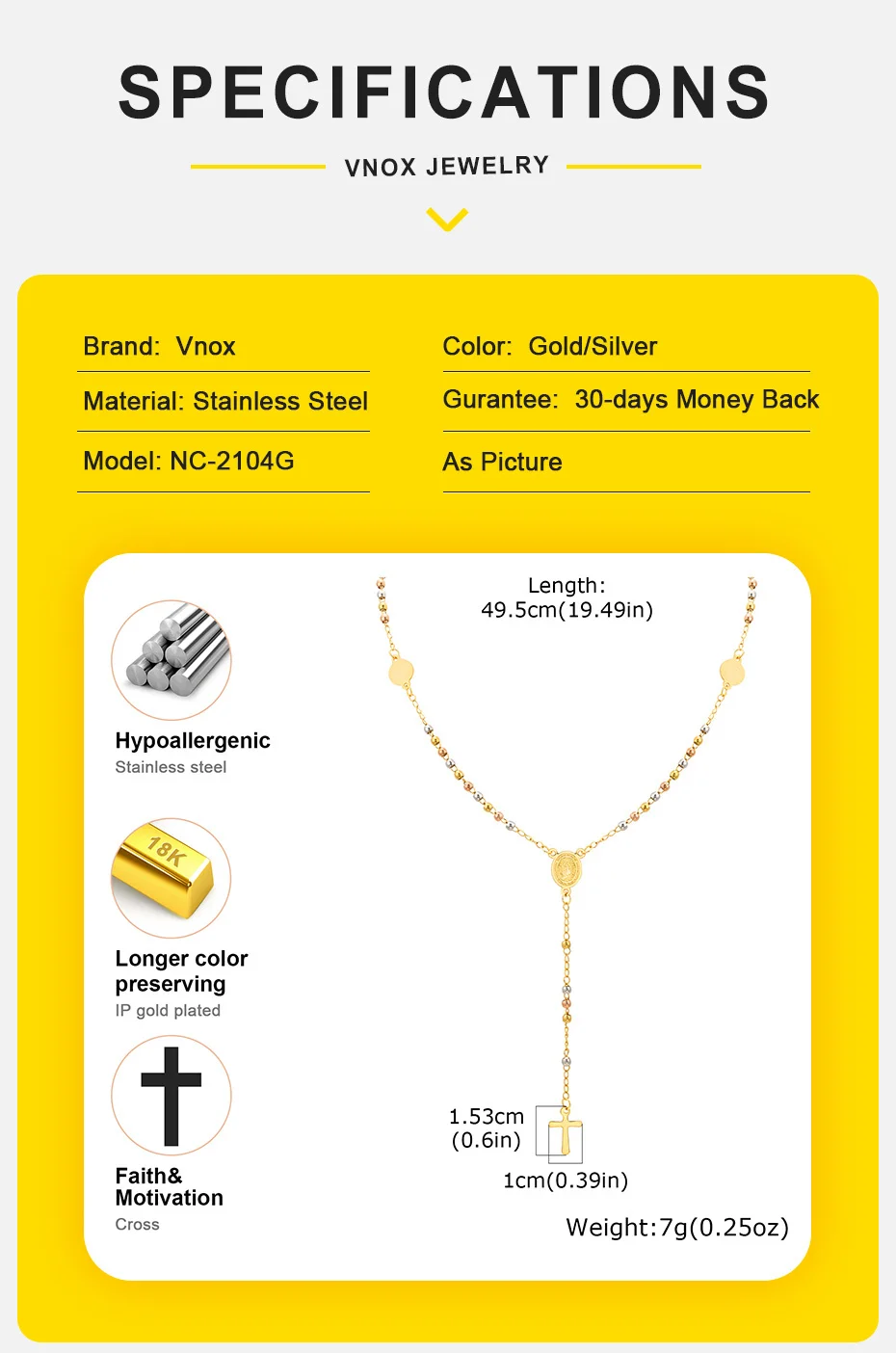 Vnox Edelstahl-Halskette in Y-Form mit dreifarbigen Perlen für Frauen, Jungfrau Maria-Accessoires, Kreuzanhänger, religiöser Schmuck, Geschenke – Detail 5