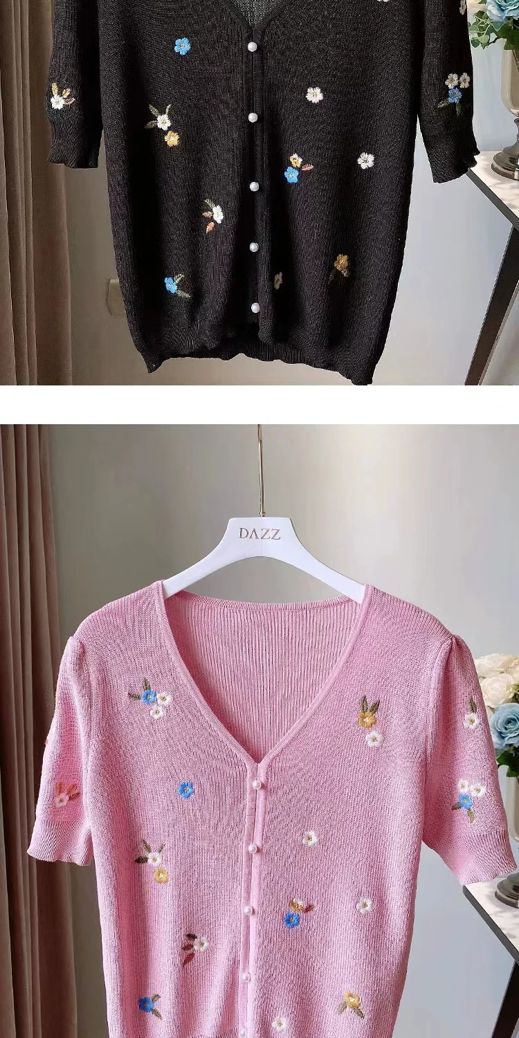 Summer v-neck short ice knit top Women's green bubble sleeve flower embroidery slim slim T-shirt
