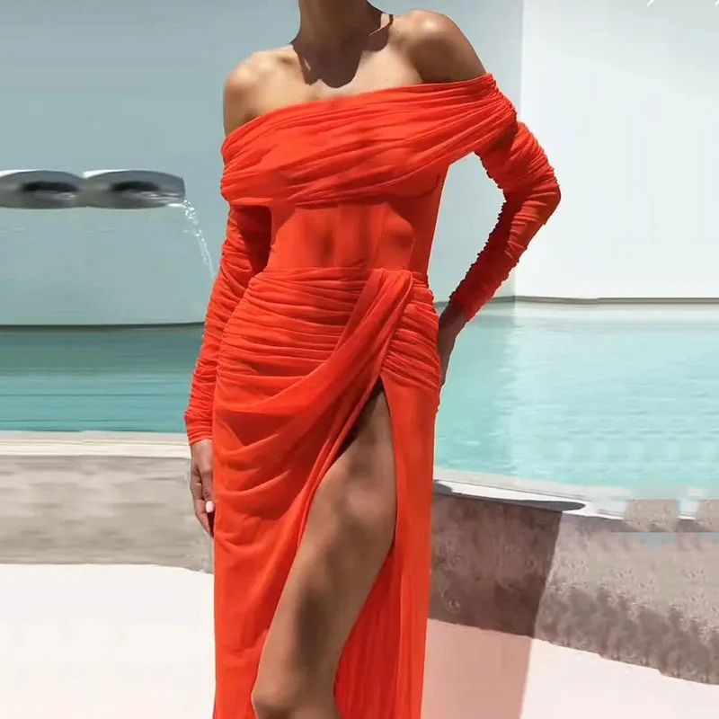 

Women Sexy Off Shoulder Draped Long Party Dress Spring Slash Neck High Slit Maxi Dress Fall Long Sleeve Backless Mesh Boho Dress
