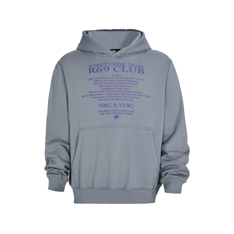 R69 Sweater bertudung pria, Hoodie katun tugas berat longgar motif